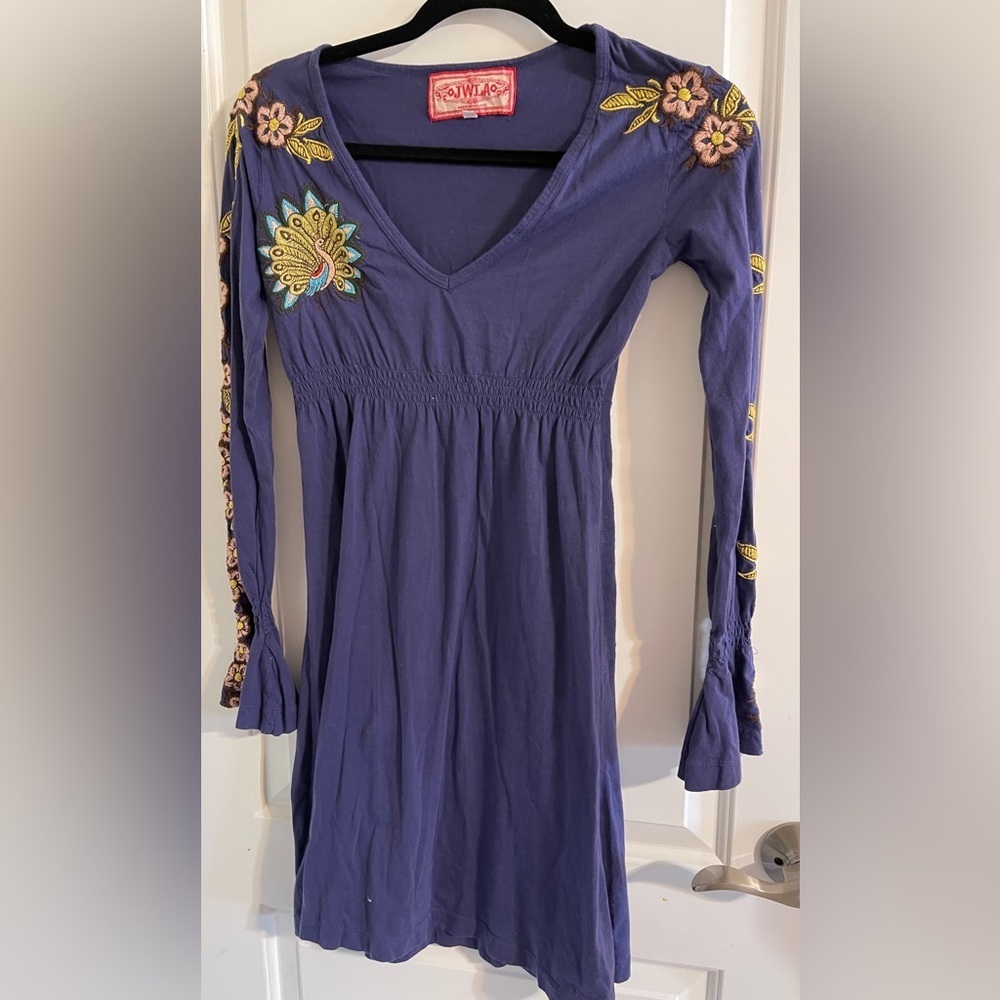Johnny Was Blue Embroidered Empire Waist Dress Floral Boho Gypsy Festival XS - Picture 5 of 10